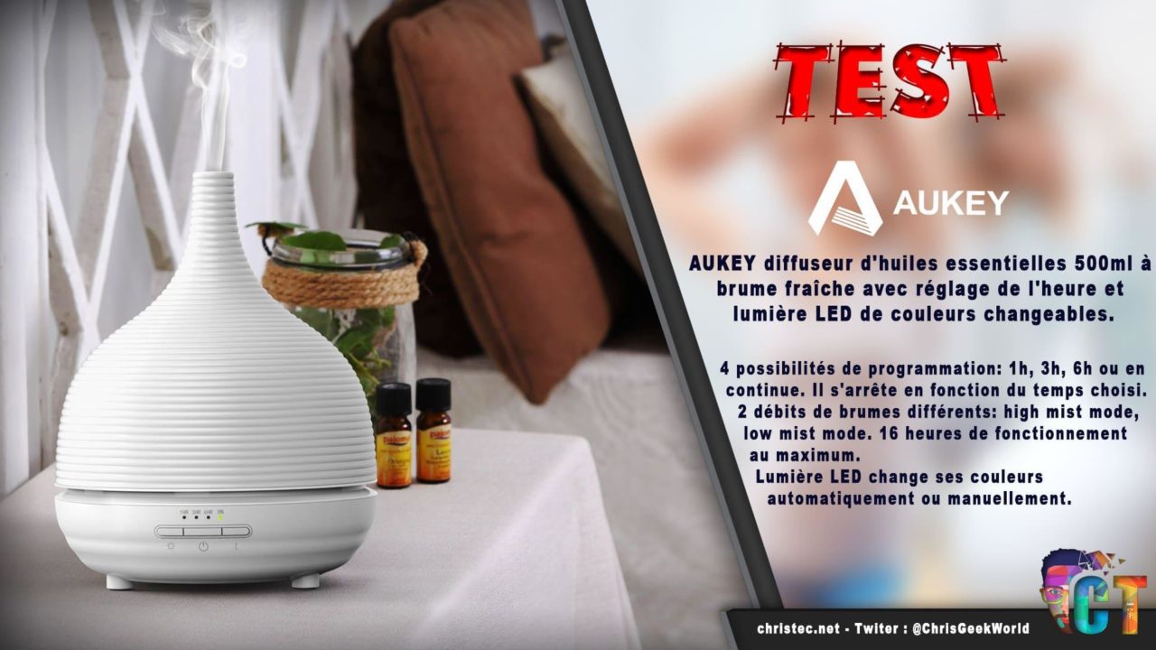 Test diffuseur d’huiles essentielles à brume fraîche AUKEY avec 7 couleurs de LEDs