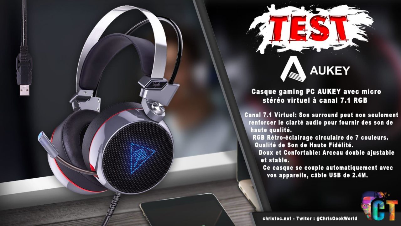 Test du casque gaming PC et consoles Aukey stéréo virtuel 7.1 RGB avec micro