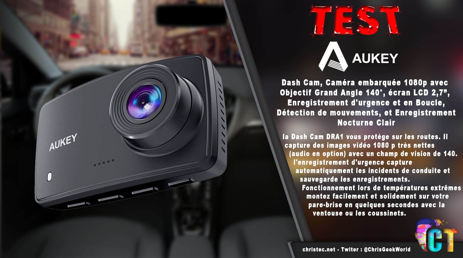 image en-tête Test de la Dash Cam Aukey, caméra embarquée 1080p avec objectif grand-angle