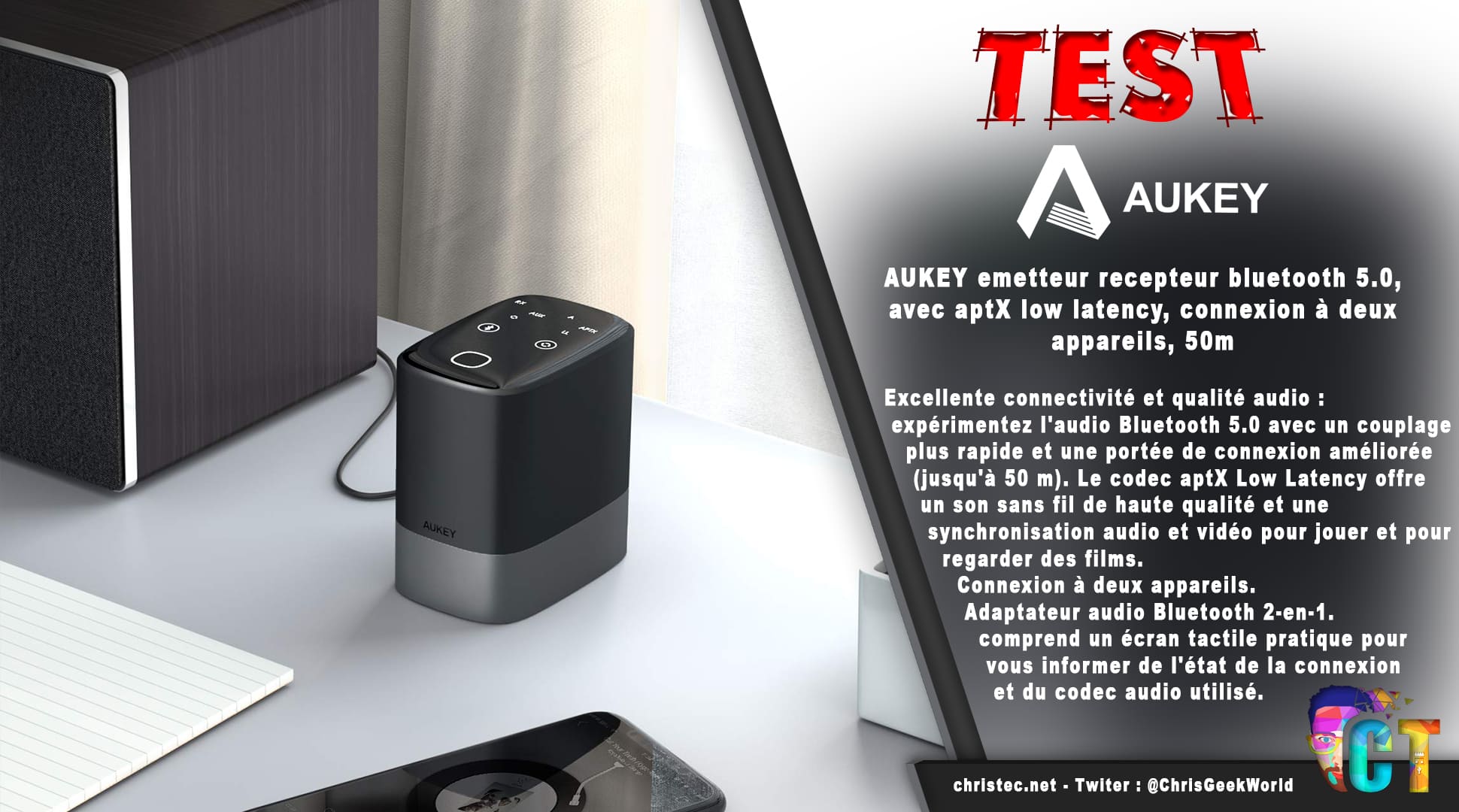 image en-tête Test de l'émetteur-récepteur Bluetooth 5.0 Aukey avec double connexion