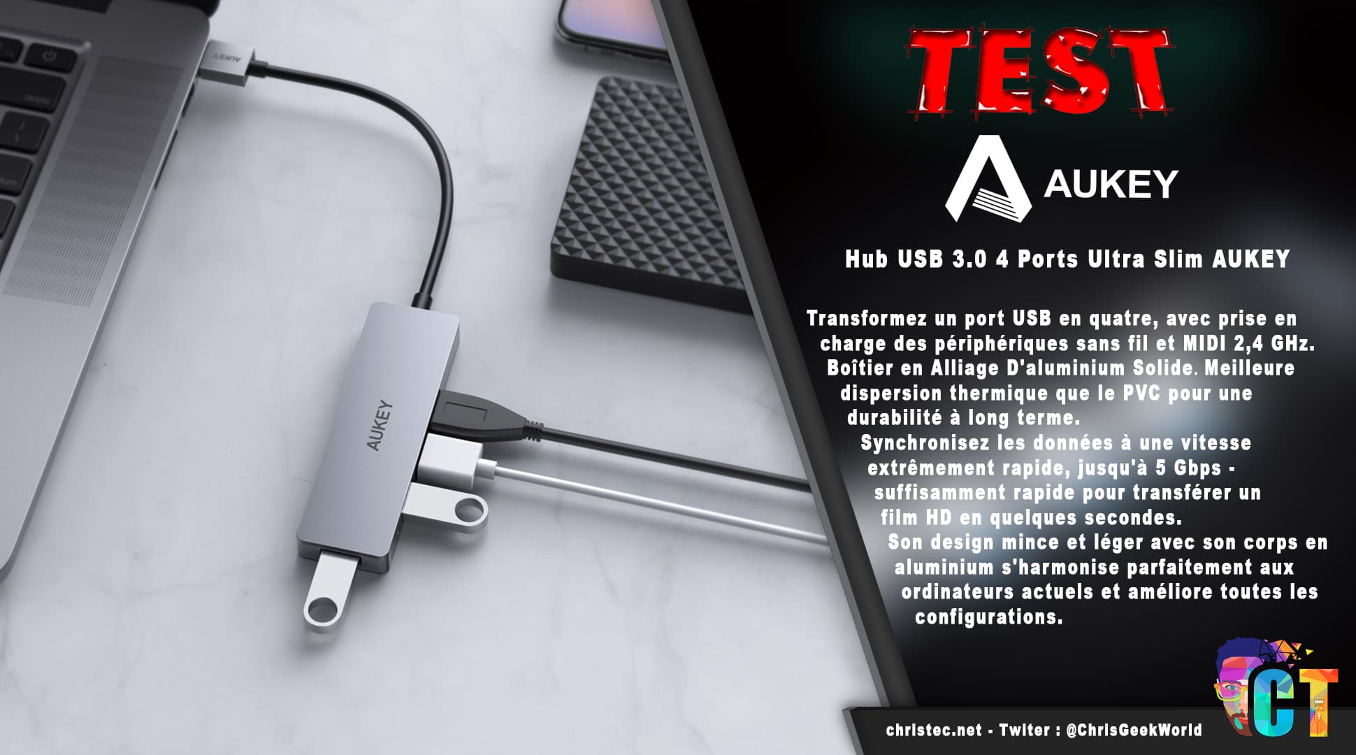 image en-tête Test du hub USB 3.0 4 ports ultra slim de Aukey