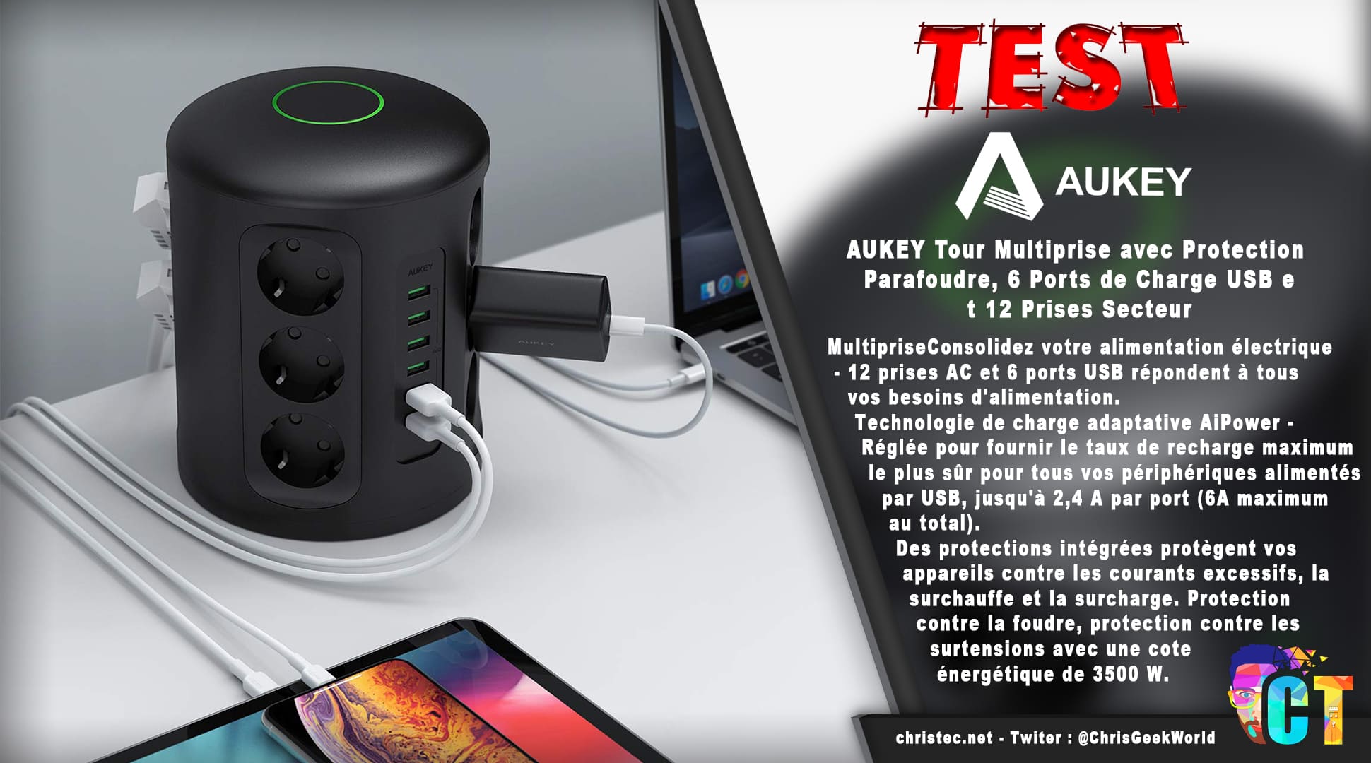 image en-tête Test de la tour Multiprise Aukey avec protection parafoudre 6 Ports USB et 12 Prises Secteur