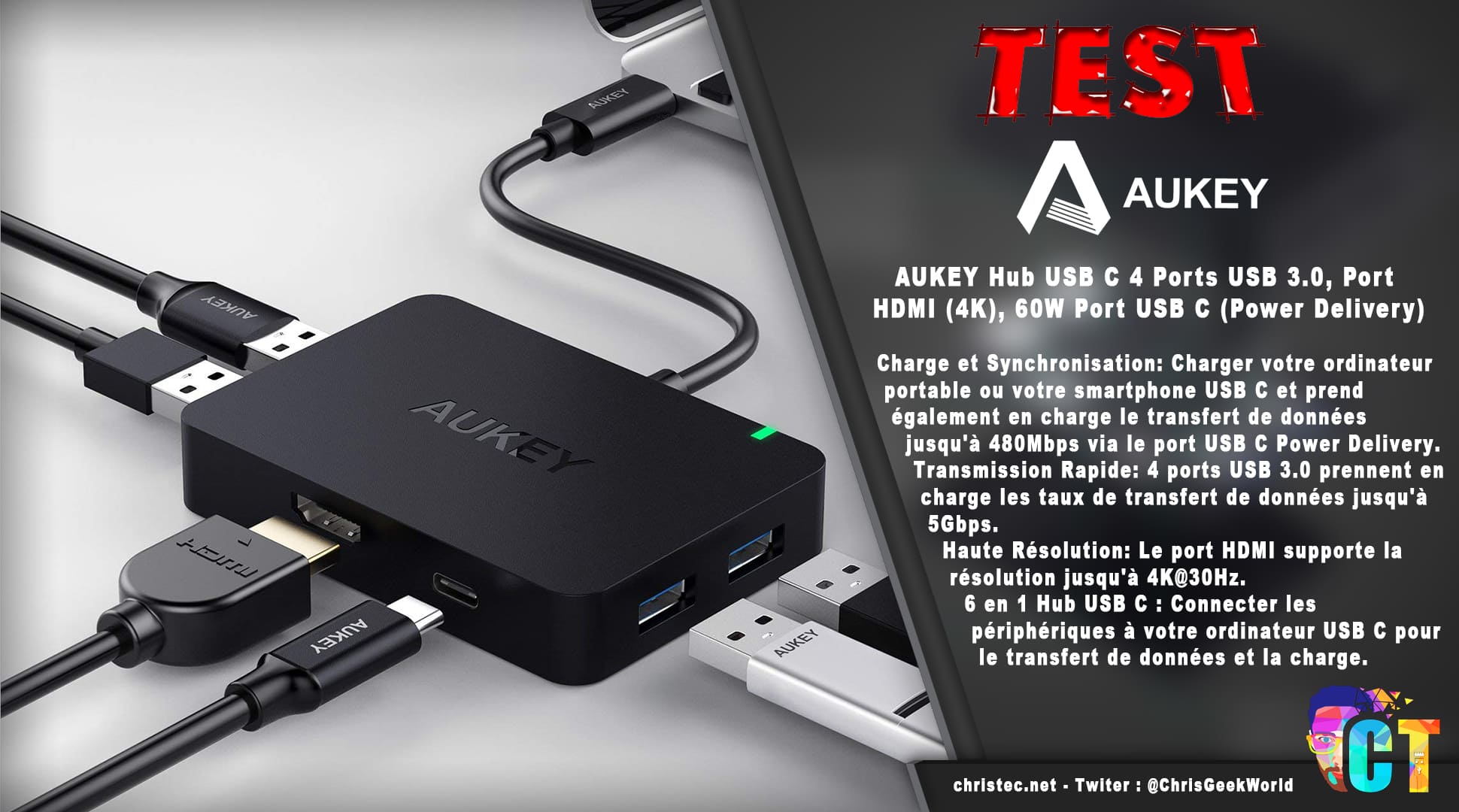 image en-tête Test du Hub USB C 60W (Power Delivery) 4 Ports USB 3.0, Port HDMI (4K) de Aukey