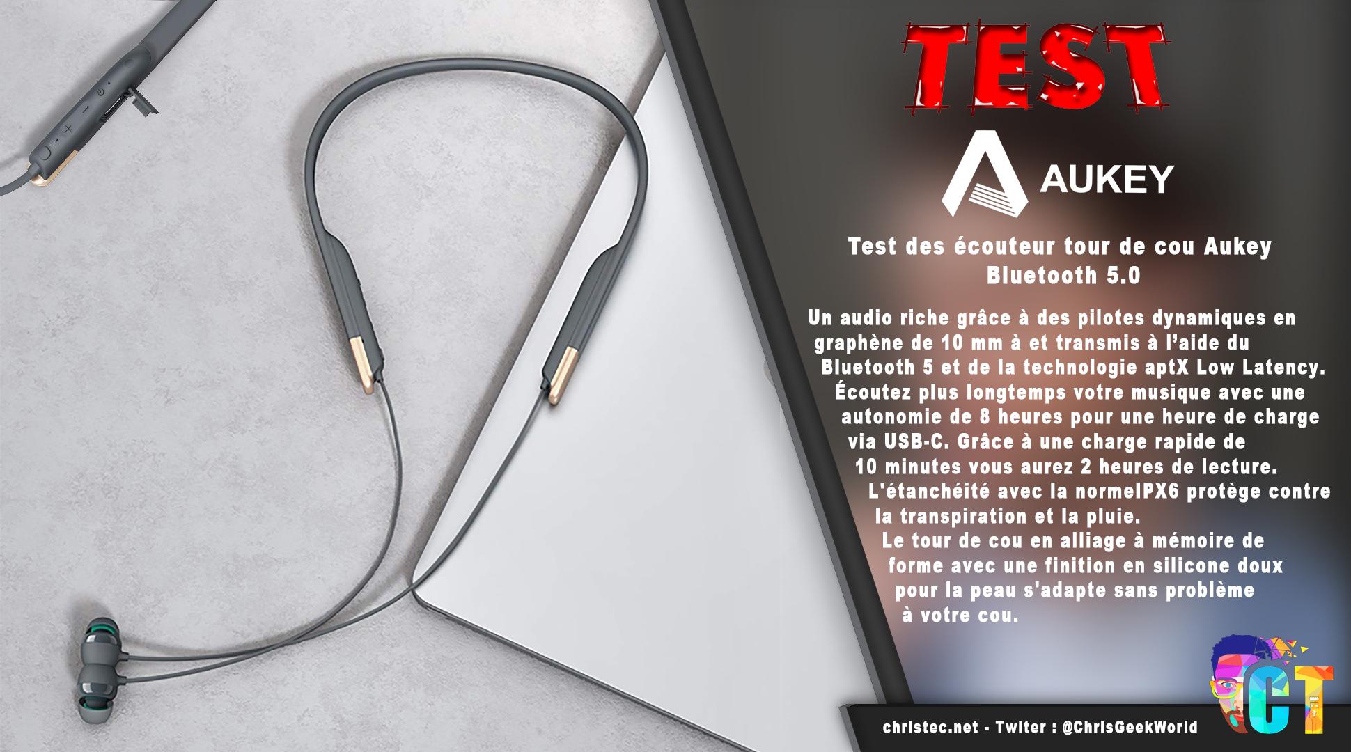 image en-tête test des écouteur tour de cou Aukey EP-B33-08 Bluetooth 5.0