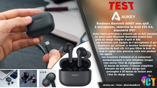 Écouteurs Bluetooth AUKEY EP-T27 avec aptX, 4 microphones, réduction de bruit CVC 8.0, étanchéité IPX7