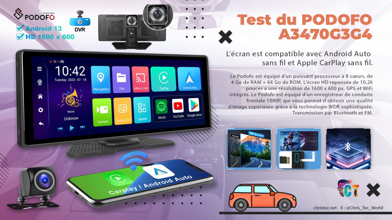 Test du Podofo A3470G3G4 – Carplay, Android Auto, Android 13 et Dashcam